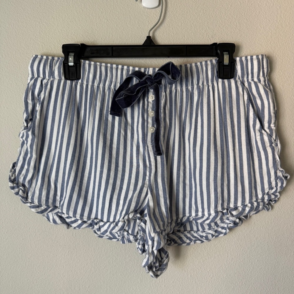 Aerie Striped Pajama Shorts Blue White Ruffle Hem Velvet Tie Large